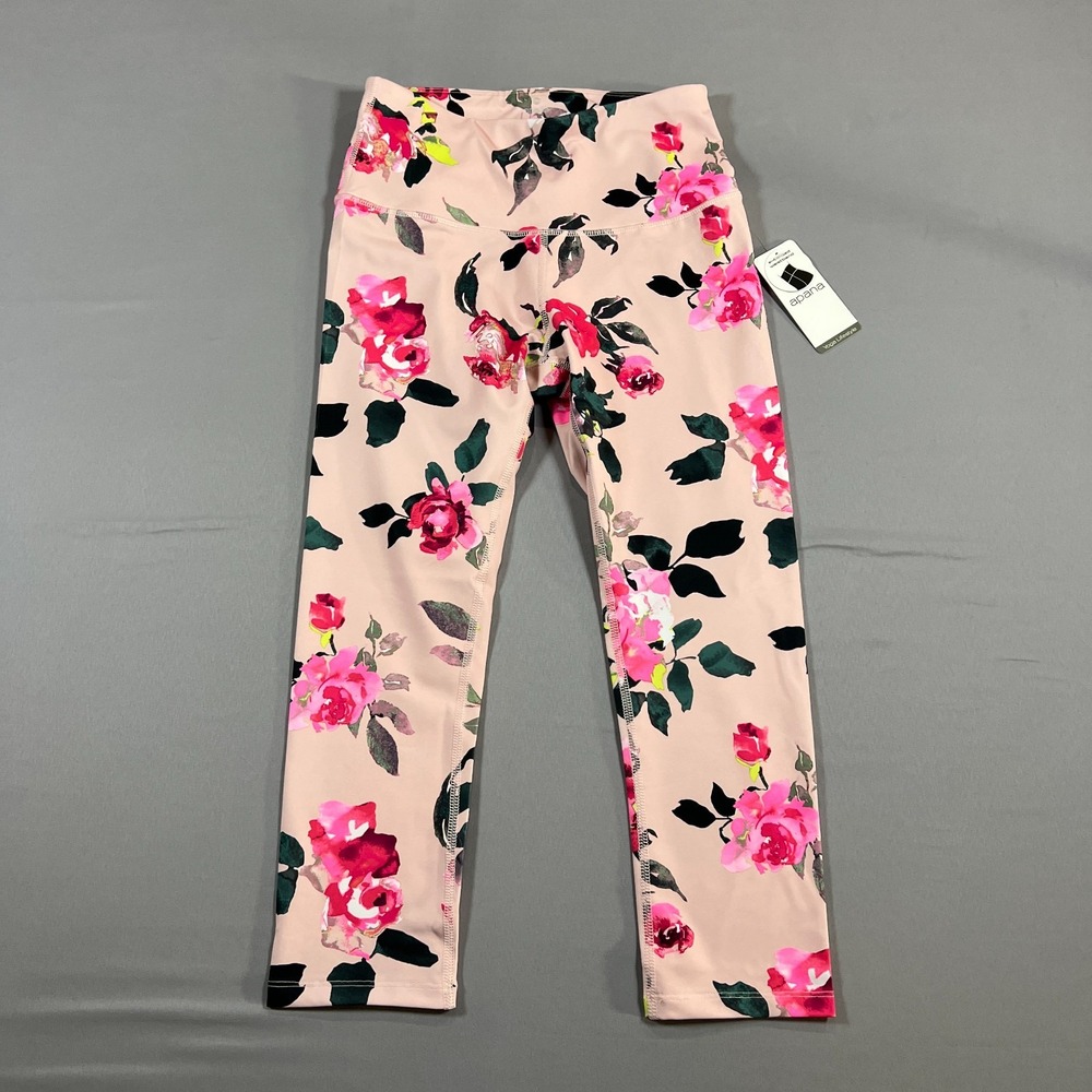 Apana Leggings Womens Small Pink Floral Stretch Extended Waistband Yoga Workout
